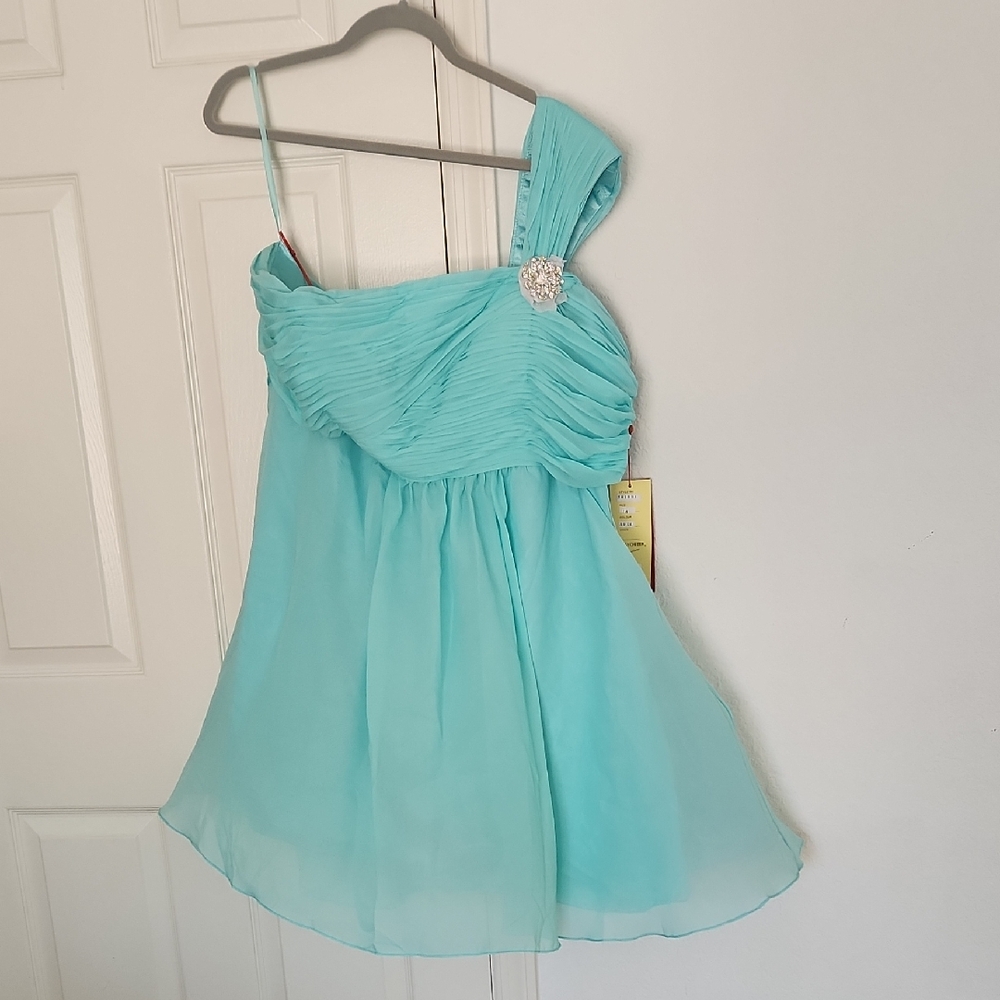 ✨️NWT May Queen Style 1091 Aqua One Shoulder Flowy Mini Dress Size 18